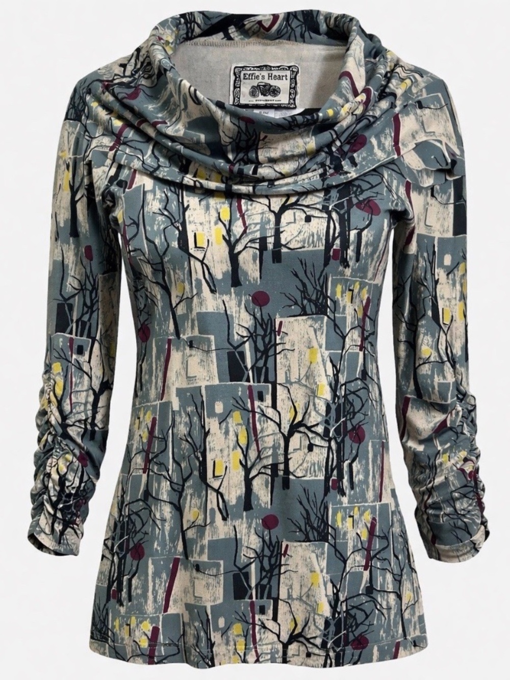 Effie's Heart Julliard Pullover Tunic Cowl Neck (Sz S) Pockets Artsy Trees Art
